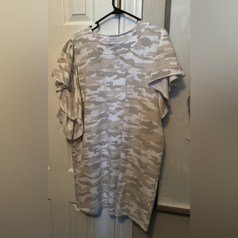 Large Mudpie tan camo dress with flutter sleeve